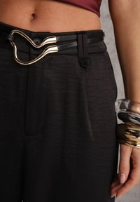 Renee - Czarne Spodnie Szerokie z Dodatkiem Bawełny High Waist z Metaliczną Klamrą Azaerixis. Okazja: na co dzień. Stan: podwyższony. Kolor: czarny. Materiał: bawełna. Styl: casual #8