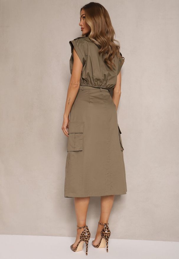 Renee - Ciemnozielony Komplet w Stylu Utility Koszula Cropped Bez Rękawów i Spódnica z Kieszeniami Notcha. Kolor: zielony