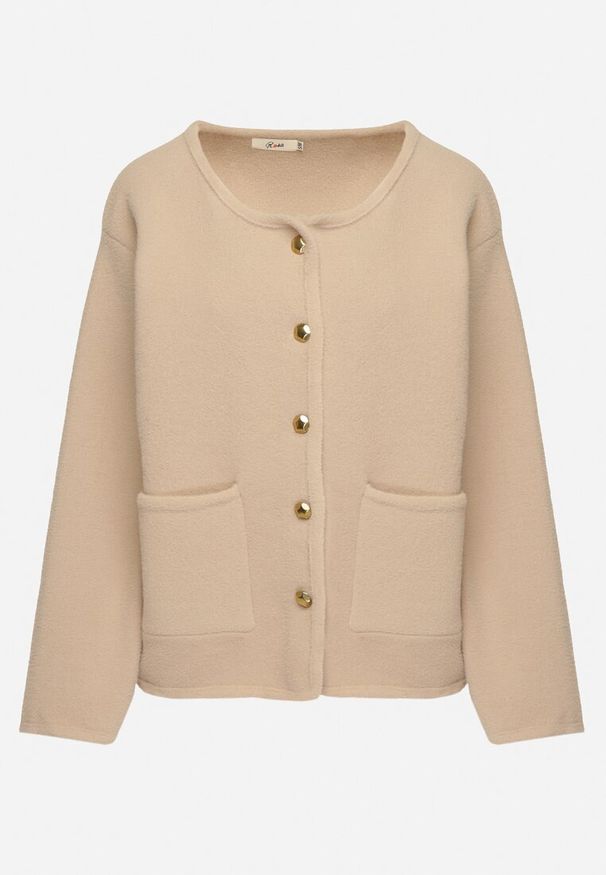 Born2be - Beżowy Kardigan z Wiskozą na Guziki Fannith. Okazja: na co dzień. Kolor: beżowy. Materiał: wiskoza. Wzór: aplikacja. Styl: elegancki, casual