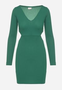 Born2be - Zielona Sukienka o Dopasowanym Kroju z Wycięciami w Talii Halassia. Okazja: na randkę, na co dzień. Typ kołnierza: dekolt w serek. Kolor: zielony. Długość rękawa: długi rękaw. Typ sukienki: dopasowane, proste. Styl: casual, elegancki #2