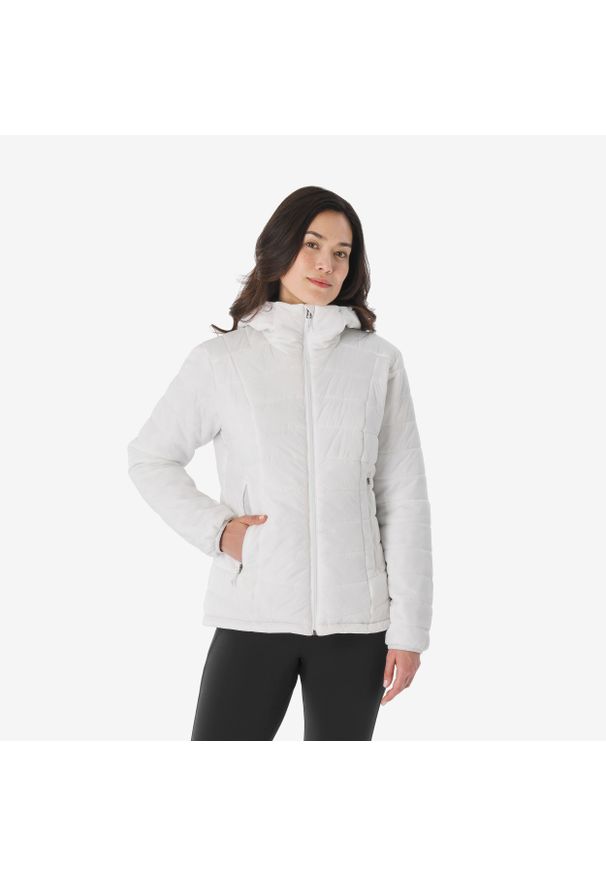 FORCLAZ - Kurtka trekkingowa zimowa damska Forclaz MT100. Kolor: biały. Materiał: poliester, poliamid, materiał. Sezon: zima. Sport: turystyka piesza