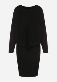 Born2be - Czarny Dzianinowy Komplet Prążkowany Sukienka i Sweter o Kroju Nietoperz Wederela. Kolor: czarny. Materiał: dzianina, prążkowany #7