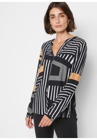 bonprix - Bluzka tunikowa. Typ kołnierza: dekolt w serek. Kolor: brązowy, beżowy. Materiał: wiskoza. Długość rękawa: długi rękaw. Długość: długie. Wzór: nadruk, aplikacja. Styl: elegancki #1