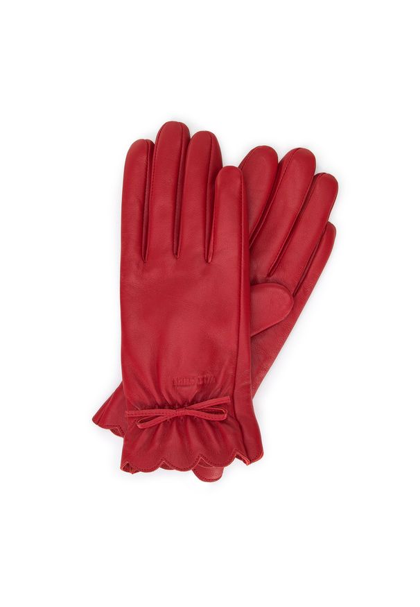 Wittchen - Damskie rękawiczki skórzane z falbanką i kokardką czerwone. Kolor: czerwony. Materiał: skóra. Styl: elegancki