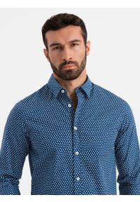 Ombre Clothing - Męska koszula w drobny wzór SLIM FIT - granatowa V1. Kolor: niebieski. Materiał: bawełna. Styl: klasyczny