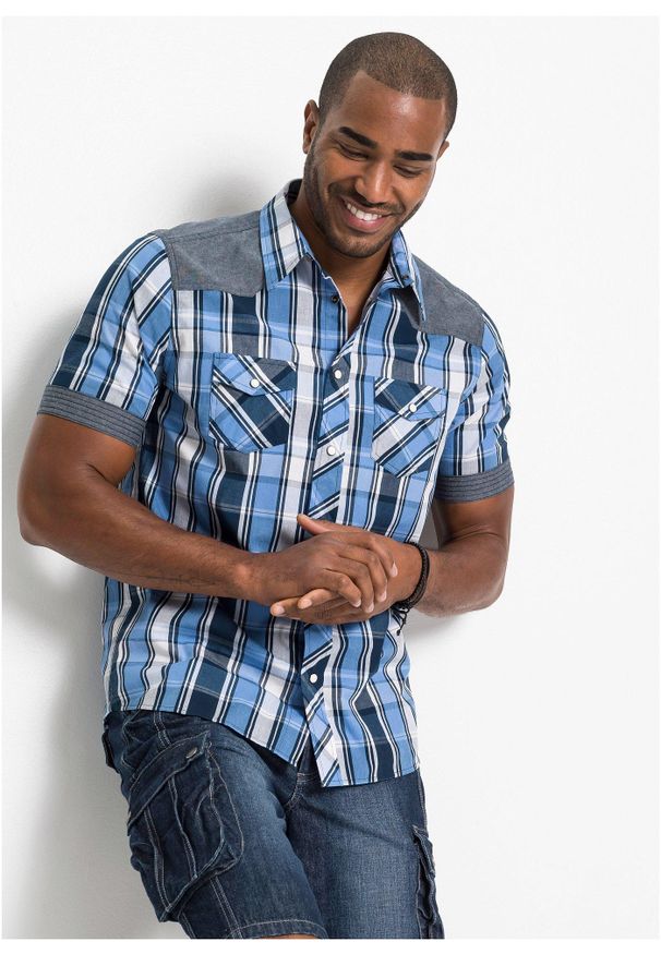 bonprix - Koszula z krótkim rękawem i wstawką z denimu. Kolor: niebieski. Materiał: denim. Długość rękawa: krótki rękaw. Długość: krótkie