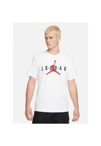 Koszulka sportowa męska Nike Air Jordan Wordmark. Kolor: biały, wielokolorowy. Materiał: bawełna, poliester. Długość rękawa: krótki rękaw. Długość: krótkie. Sport: fitness
