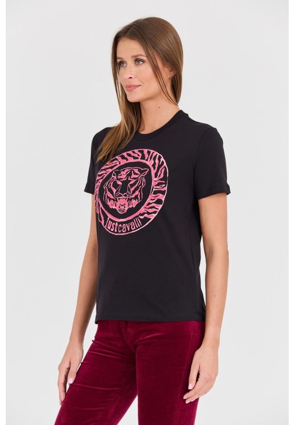 Just Cavalli - JUST CAVALLI Czarny t-shirt R Tiger Round Flock. Kolor: czarny