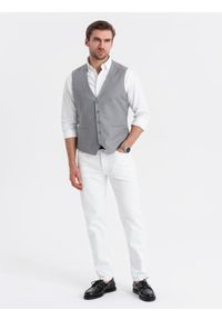Ombre Clothing - Dopasowana męska kamizelka z rayonem i marmurkowymi guzikami – szara V3. Kolor: szary. Materiał: tkanina, poliester. Wzór: gładki, jednolity. Styl: elegancki #7