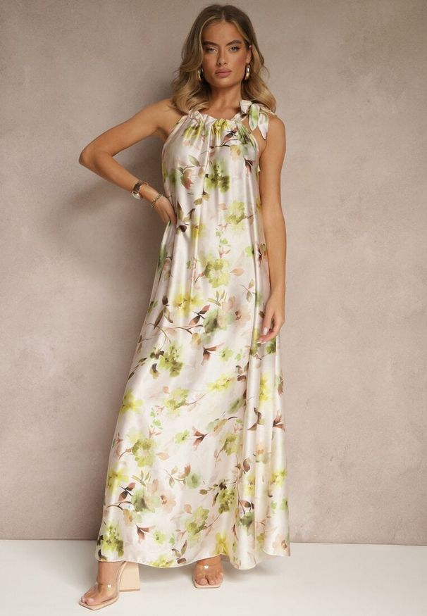 Renee - Zielona Sukienka z Satyny w Kwiatowy Wzór Fenimea. Okazja: na randkę, na imprezę. Kolor: zielony. Materiał: satyna. Długość rękawa: na ramiączkach. Wzór: kwiaty. Sezon: lato. Styl: elegancki