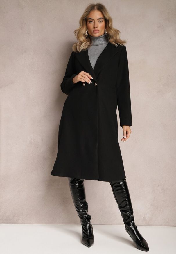 Renee - Czarny Długi Płaszcz z Biżuteryjnymi Guzikami Tudella. Kolor: czarny. Długość: długie