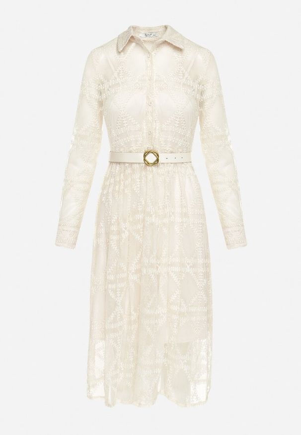 Born2be - Jasnobeżowa Rozkloszowana Sukienka Midi z Haftowanej Tkaniny Abdiela. Kolor: beżowy. Materiał: tkanina. Długość rękawa: na ramiączkach. Wzór: haft. Długość: midi