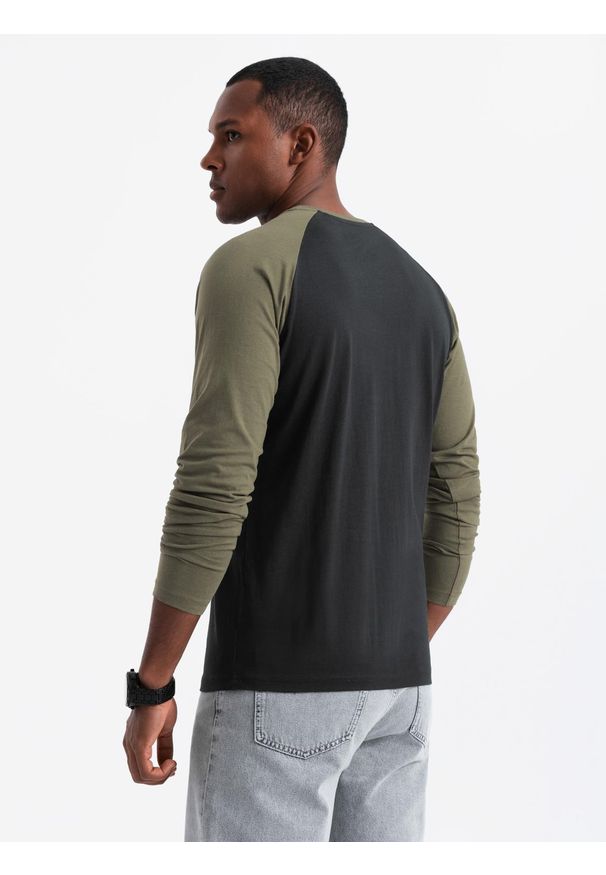 Ombre Clothing - Męski longsleeve z raglanowymi kontrastowymi rękawami – czarno-oliwkowy V3 OM-LSCL-0105 - XXL. Okazja: na co dzień. Kolor: czarny. Materiał: dzianina, bawełna, jersey, materiał, skóra. Długość rękawa: długi rękaw. Wzór: ze splotem. Styl: klasyczny, casual