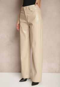 Renee - Beżowe Szerokie Spodnie High Waist z Imitacji Skóry Enawinn. Okazja: na imprezę, na co dzień. Stan: podwyższony. Kolor: beżowy. Materiał: skóra. Sezon: zima. Styl: elegancki, casual #5