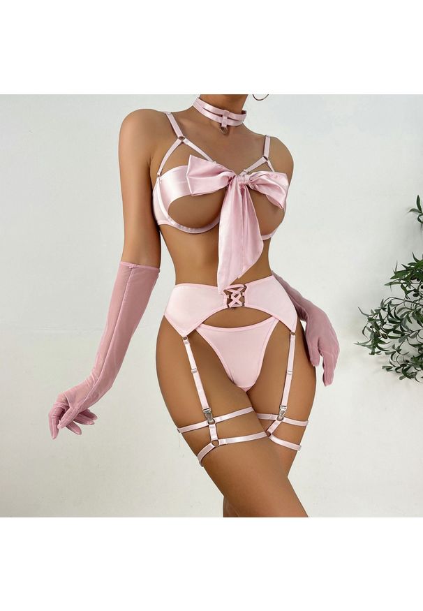 Intica - Komplet bielizny z kokardą na romantyczne wieczory Wikje. Kolor: różowy. Materiał: materiał, skóra