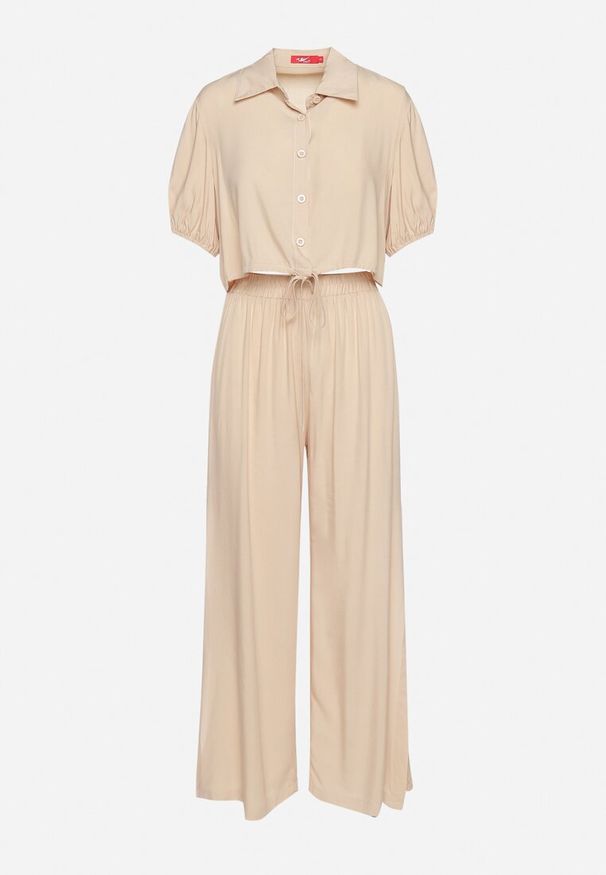 Born2be - Jasnobeżowy Bawełniany Komplet z Krótką Koszulą i Szerokimi Spodniami z Rozcięciami Denara. Kolor: beżowy. Materiał: bawełna