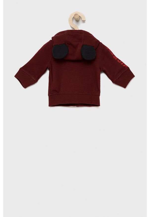 GAP Bluza dziecięca x Disney kolor bordowy z kapturem z aplikacją. Okazja: na co dzień. Typ kołnierza: kaptur. Kolor: czerwony. Materiał: dzianina, poliester. Wzór: aplikacja, motyw z bajki. Styl: casual