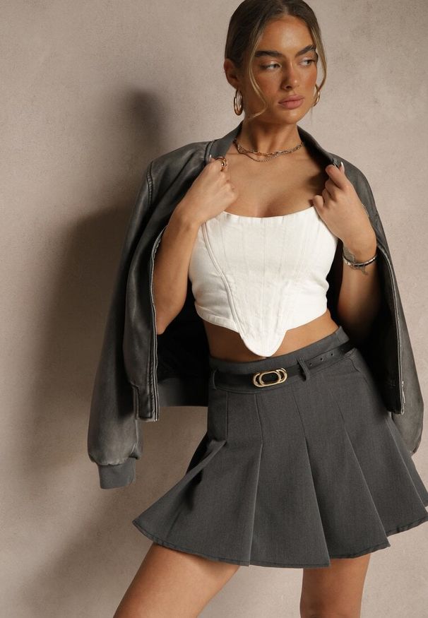 Renee - Szara Spódnica Plisowana z Wiskozą i Paskiem Semivirae. Okazja: na spotkanie biznesowe, na co dzień. Kolor: szary. Materiał: wiskoza. Styl: klasyczny, casual, elegancki, biznesowy