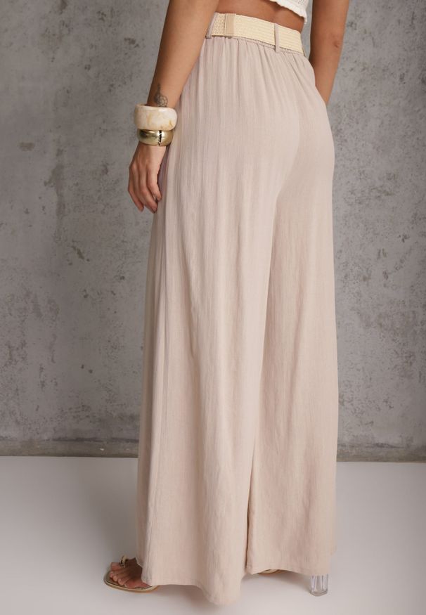 Renee - Beżowe Spodnie High Waist Wide Leg z Wiskozą z Plecionym Paskiem Aridine. Okazja: na co dzień. Stan: podwyższony. Kolor: beżowy. Materiał: wiskoza. Styl: elegancki, casual