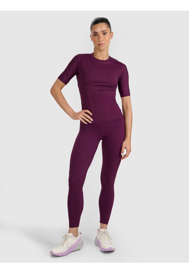 4f - 4F Legginsy treningowe szybkoschnące damskie - fioletowe XS. Stan: podwyższony. Kolor: fioletowy. Materiał: elastan, materiał, włókno, dzianina, syntetyk. Wzór: gładki, ze splotem. Sport: fitness