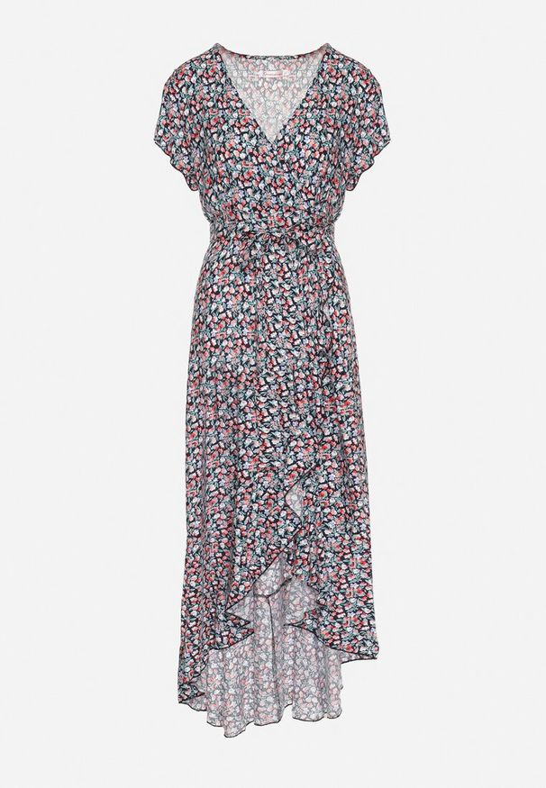 Born2be - Czarno-Zielona Bawełniana Sukienka z Gumką w Talii i Asymetrycznym Dołem Orrizae. Okazja: na co dzień. Typ kołnierza: dekolt kopertowy, kołnierz z falbankami. Kolor: czarny. Materiał: bawełna. Długość rękawa: krótki rękaw. Sezon: wiosna, lato. Typ sukienki: asymetryczne. Styl: casual, elegancki