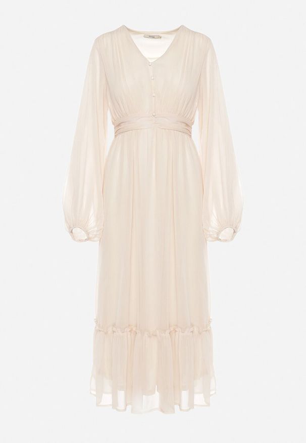 Born2be - Beżowa Sukienka Koktajlowa z Bufiastymi Rękawami Falbankami i Ozdobnymi Guzikami Binxa. Typ kołnierza: kołnierz z falbankami. Kolor: beżowy. Styl: wizytowy