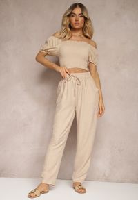 Renee - Beżowe Spodnie z Troczkiem w Pasie i Kieszeniami Ufalia. Okazja: na co dzień. Kolor: beżowy. Materiał: materiał. Styl: elegancki, casual
