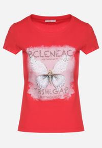Born2be - Czerwony Bawełniany T-shirt z Nadrukiem Motyla i Cyrkoniami Uliriela. Okazja: na co dzień. Kolor: czerwony. Materiał: bawełna. Wzór: nadruk. Sezon: lato. Styl: klasyczny, casual #7