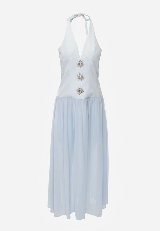 Renee - Niebieska Sukienka z Dekoltem Halter i Ozodbymi Guzikami z Przodu Nesia. Typ kołnierza: dekolt halter. Kolor: niebieski