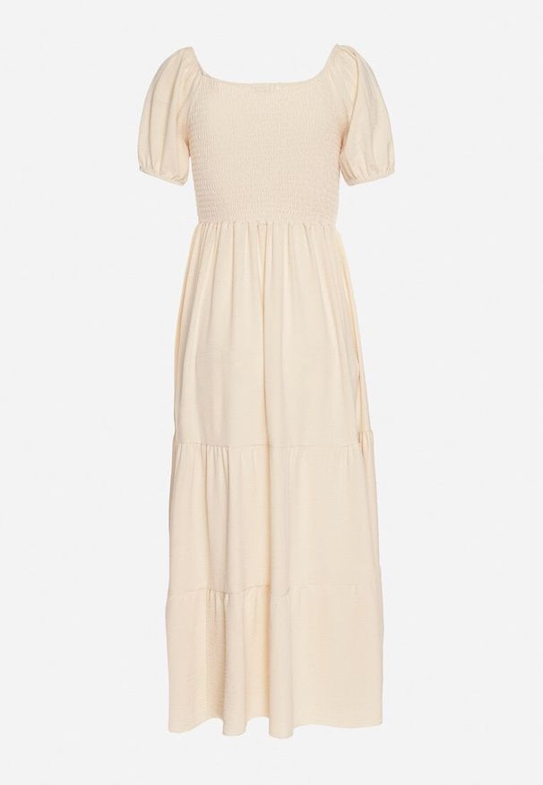 Born2be - Jasnobeżowa Rozkloszowana Sukienka z Dekoltem Typu Hiszpanka z Marszczeniem Lumorice. Okazja: na co dzień. Typ kołnierza: dekolt hiszpanka. Kolor: beżowy. Styl: casual, elegancki