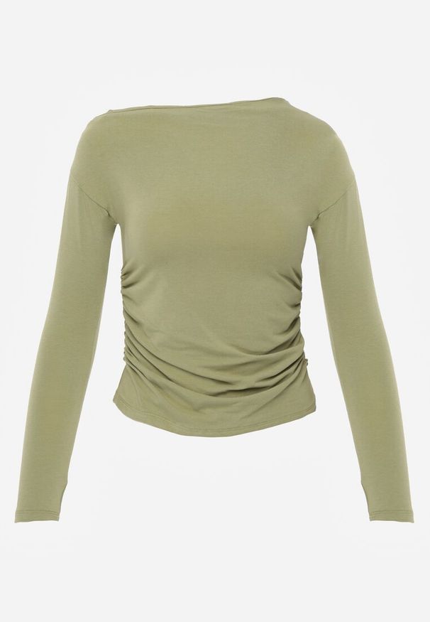 Born2be - Zielona Bluzka z Bawełną i Wiskozą Ozdobiona Marszczeniem Alexareo. Kolor: zielony. Materiał: wiskoza, bawełna. Wzór: aplikacja