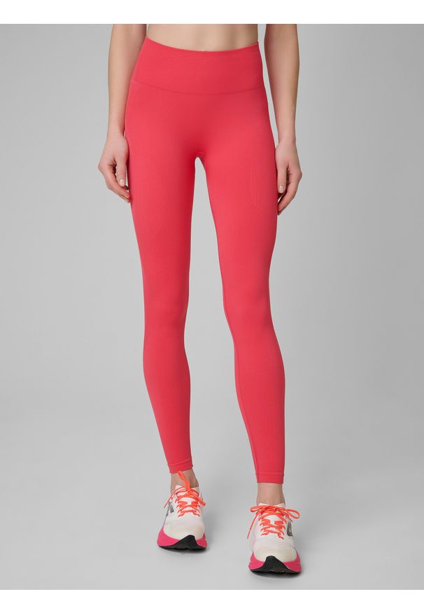 4f - 4F Legginsy treningowe bezszwowe damskie - czerwone XL/XXL. Stan: podwyższony. Kolor: różowy. Materiał: dzianina, elastan, włókno, syntetyk, materiał. Długość: długie. Wzór: gładki. Sport: fitness