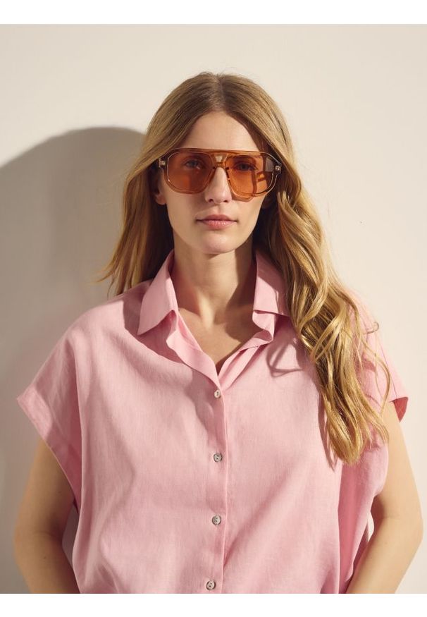 Reserved - Koszula z lnem - pastelowy róż. Kolor: różowy. Materiał: len