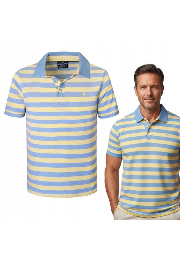 Bawełniana, Męska Koszulka Polo - Pako Jeans - Żółte Pasy. Okazja: na co dzień. Typ kołnierza: polo. Kolor: żółty, złoty, wielokolorowy. Materiał: bawełna. Wzór: paski, prążki. Styl: casual
