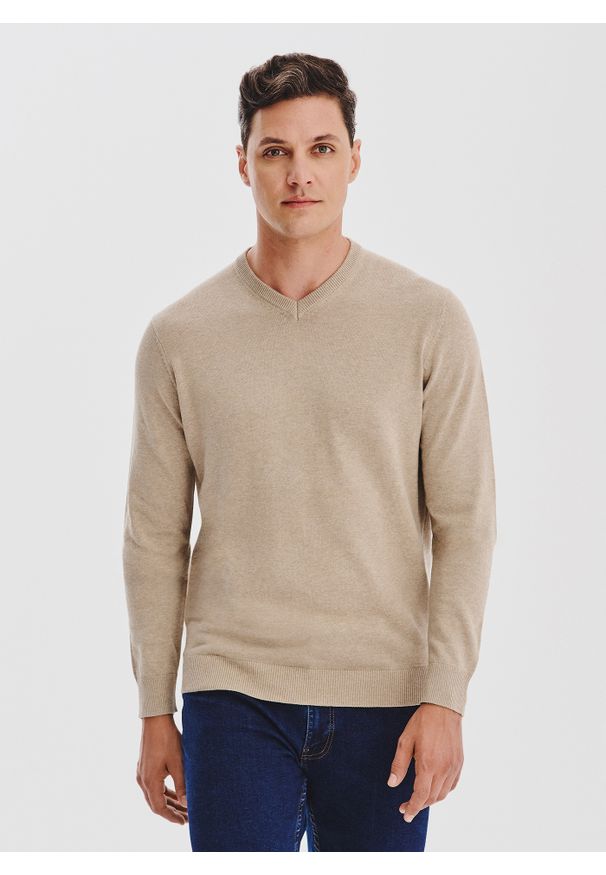 Pako Lorente - PAKO LORENTE - Beżowy sweter męski v-neck. Kolor: czerwony, beżowy, niebieski, czarny. Materiał: bawełna. Sezon: jesień