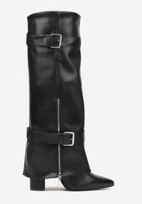 Born2be - Czarne Kozaki na Słupku z Wywiniętą Cholewką Zdobioną Klamrami i Suwakiem Unwedina. Nosek buta: szpiczasty. Zapięcie: klamry. Kolor: czarny. Szerokość cholewki: normalna. Wzór: aplikacja. Materiał: skóra, materiał. Sezon: zima. Obcas: na słupku. Styl: klasyczny. Wysokość obcasa: średni #7