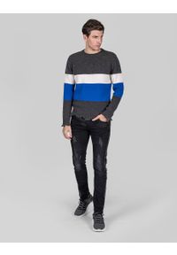 Les Hommes Sweter | UHK105-643U | Round Neck Sweater Breast Stripes | Mężczyzna | Biały, Niebieski, Szary. Okazja: na co dzień. Kolor: wielokolorowy, biały, szary, niebieski. Materiał: wełna. Styl: casual