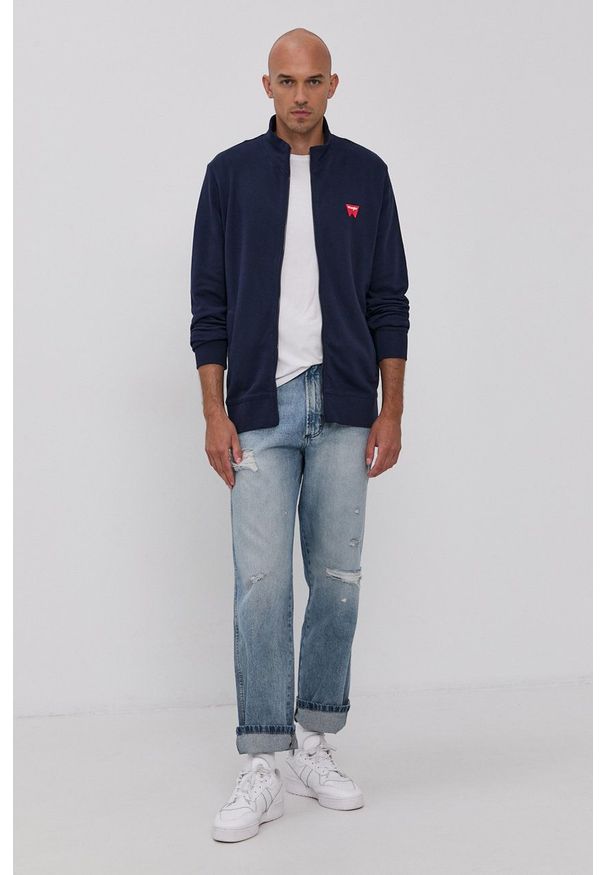 Wrangler Bluza męska kolor granatowy gładka. Okazja: na co dzień. Kolor: niebieski. Materiał: bawełna, dzianina. Wzór: gładki. Styl: casual