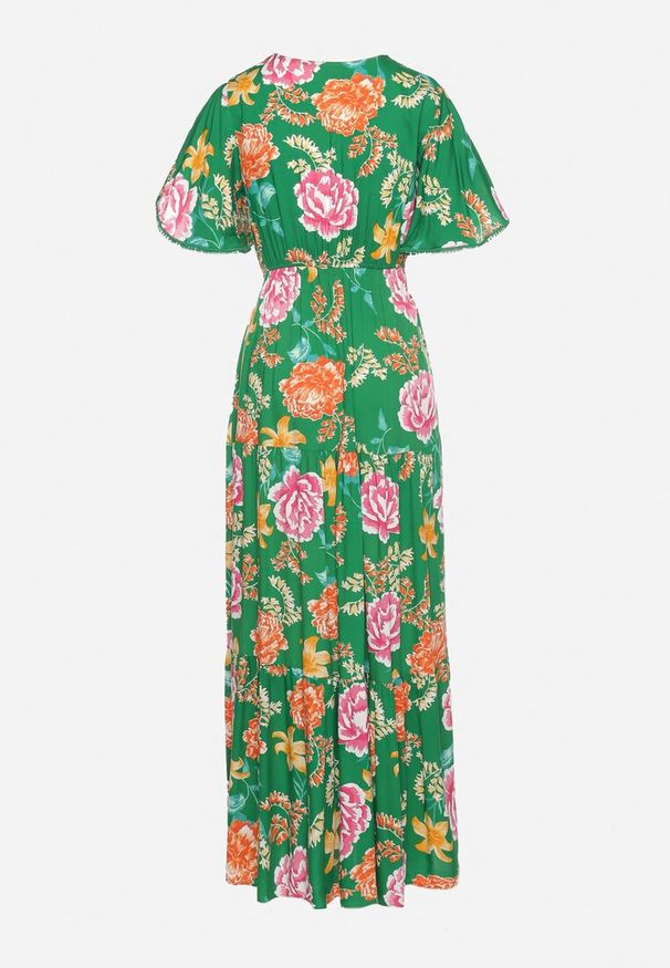 Born2be - Zielona Sukienka Maxi z Gumką w Talii z Szerokimi Rękawami i Kwiatowym Printem Nodriala. Okazja: na imprezę. Kolor: zielony. Wzór: nadruk, kwiaty. Sezon: lato. Długość: maxi