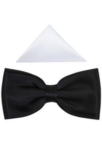 Modini - Czarna gładka szeroka mucha męska z białą poszetką B14. Kolor: wielokolorowy, czarny, biały. Materiał: poliester, tkanina. Wzór: gładki. Styl: elegancki #1