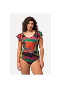 ULLA POPKEN - Damski Strój kąpielowy rękawy z falbankami miękkie miseczki okrągły dekolt. Kolekcja: plus size. Kolor: zielony. Materiał: poliester, elastan, poliamid, materiał