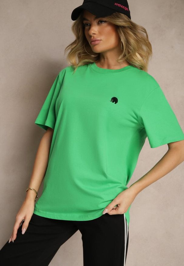 Renee - Zielona Bawełniana Koszulka T-shirt z Małym Słonikiem Laniriel. Okazja: na co dzień. Kolor: zielony. Materiał: bawełna. Styl: klasyczny, elegancki, casual