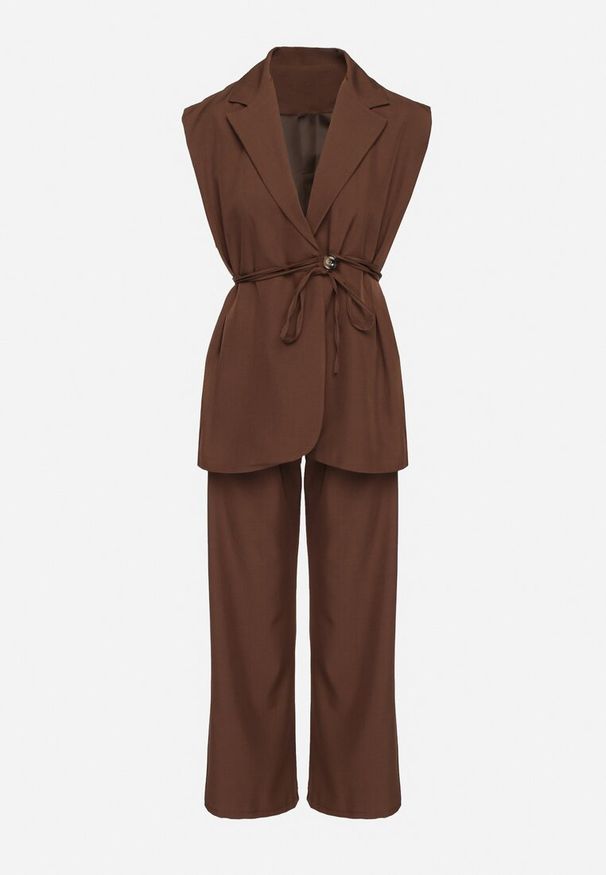 Born2be - Brązowy Komplet Garniturowy Wiązana Kamizelka i Szerokie Spodnie Davionis. Kolor: brązowy