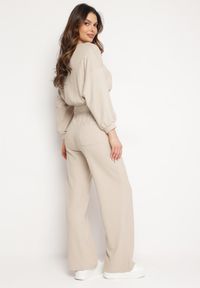 Born2be - Beżowy Komplet Bawełniany Spodnie Szerokie ze Sznurkiem w Pasie i Bluza ze Ściągaczami Urionne. Kolor: beżowy. Materiał: bawełna #3