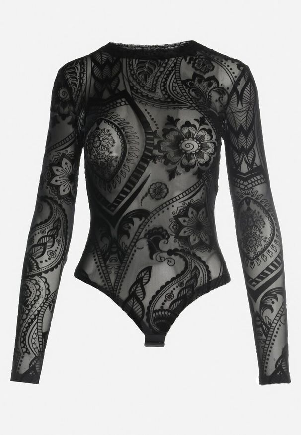 Born2be - Czarne Body z Siateczki Mophel. Okazja: na co dzień. Kolor: czarny. Materiał: wiskoza, materiał, welur, jeans. Styl: casual, elegancki