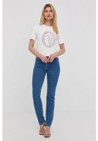 Trussardi Jeans - Trussardi t-shirt bawełniany kolor biały. Okazja: na co dzień. Kolor: biały. Materiał: bawełna. Wzór: nadruk. Styl: casual