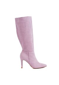 SHELOVET - Liliowe zamszowe kozaki na szpilce Shelovet fioletowe. Kolor: fioletowy. Materiał: zamsz. Obcas: na szpilce #1