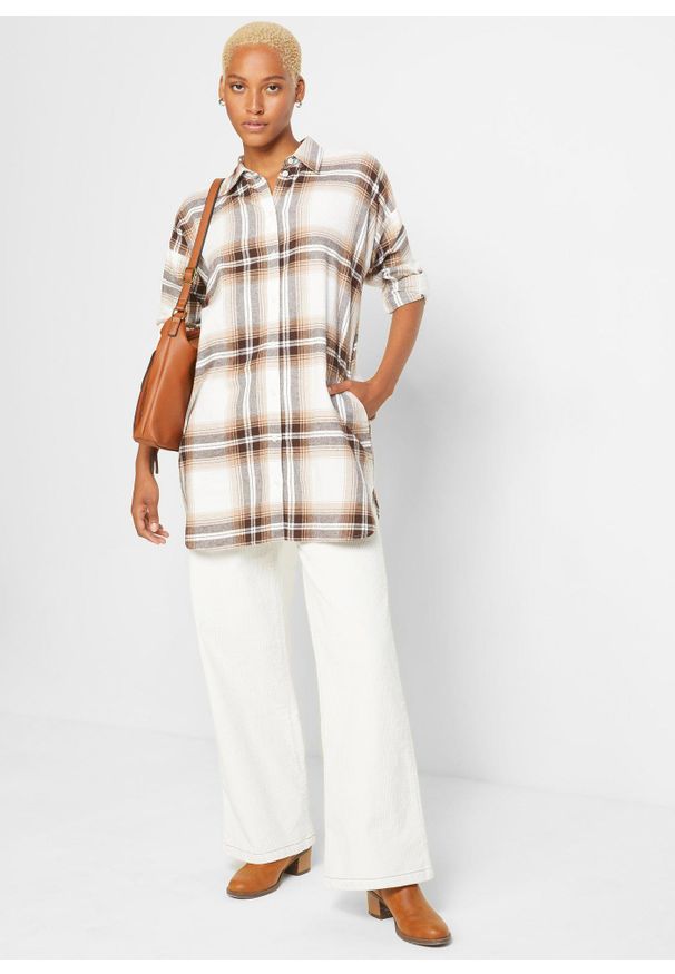 bonprix - Koszula flanelowa z czystej bawełny. Kolor: brązowy. Materiał: bawełna. Długość: długie