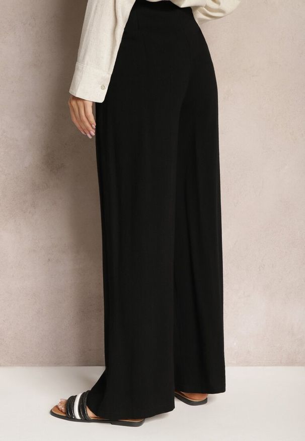 Renee - Czarne Szerokie Spodnie High Waist z Lnu i Wiskozy Apoises. Okazja: na co dzień. Stan: podwyższony. Kolor: czarny. Materiał: wiskoza, len. Długość: długie. Sezon: lato. Styl: casual, elegancki
