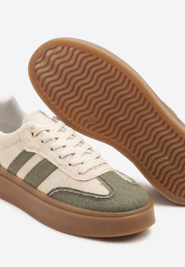 Renee - Zielono-Beżowe Sneakersy Tenisówki na Kauczukowej Podeszwie Ardisora. Okazja: na co dzień. Kolor: zielony. Materiał: kauczuk. Wzór: aplikacja